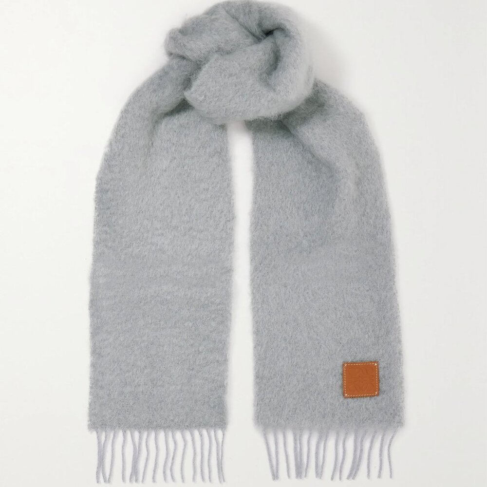 LOEWE Leather-trimmed fringed soft mohair long scarf